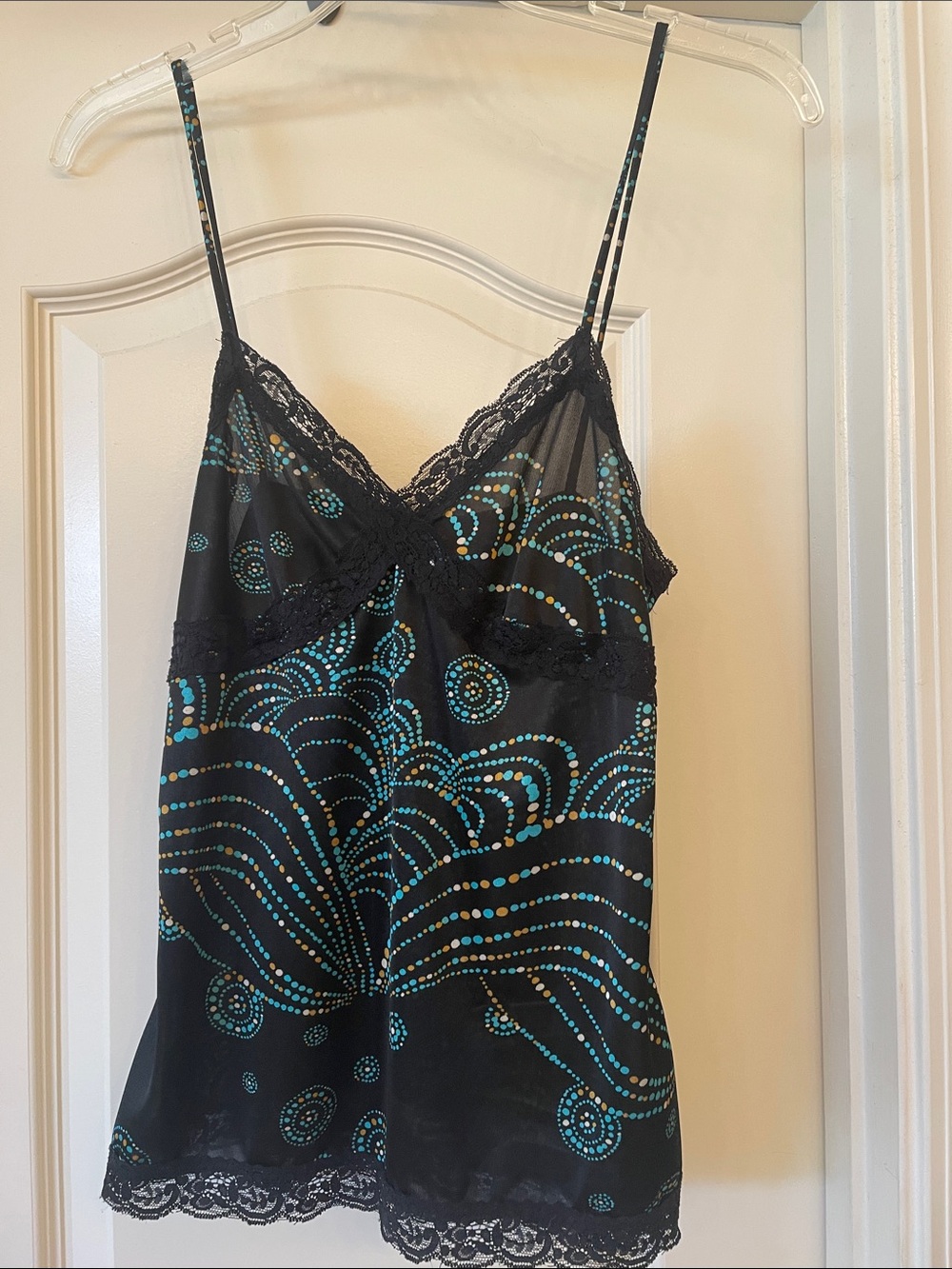Rue21 Black Camisole with Teal and Gold Dot Wave Design